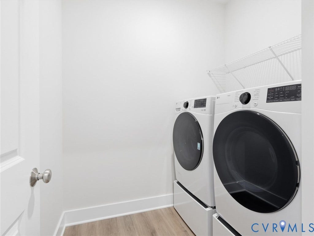 3102 Kensington Lane, Goochland, VA 23063 Laundry area featuring wood-finish flooring, white walls, and a built-in wire shelf