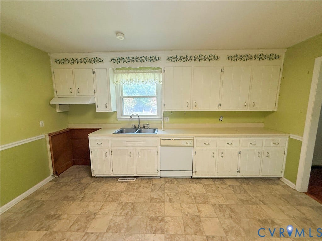 4512 Greenbriar Drive, Chester, VA 23831 Kitchen featuring white cabinetry, a double basin stainless steel sink, a dishwasher, light-colored countertops, and patterned flooring