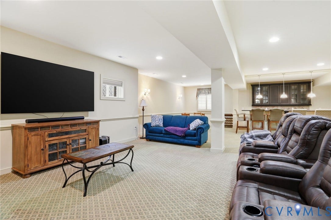 Recessed lighting, patterned carpet flooring, built-in cabinetry, and a dedicated bar area