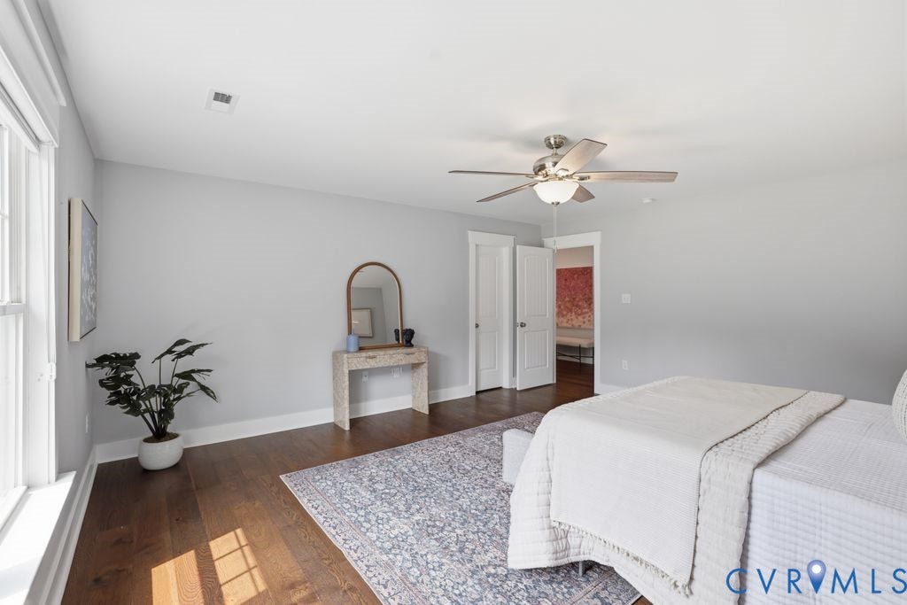 13114 Spring Road, Barr Brook Farms, Rockville, VA 23146 Vaulted ceiling with a ceiling fan, hardwood flooring, and white trim
