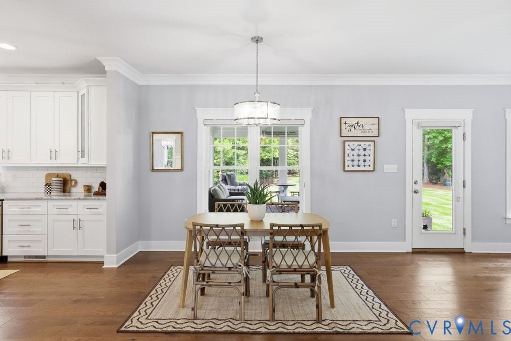 13114 Spring Road, Barr Brook Farms, Rockville, VA 23146 White shaker-style cabinetry with matte black hardware, mosaic tile backsplash, and light-toned countertops