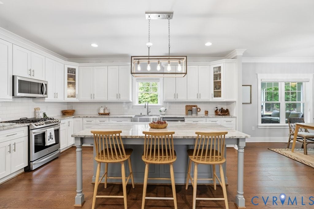 13114 Spring Road, Barr Brook Farms, Rockville, VA 23146 Kitchen featuring white cabinetry, stainless steel appliances, a center island with seating, a tile backsplash, and wood-finish flooring