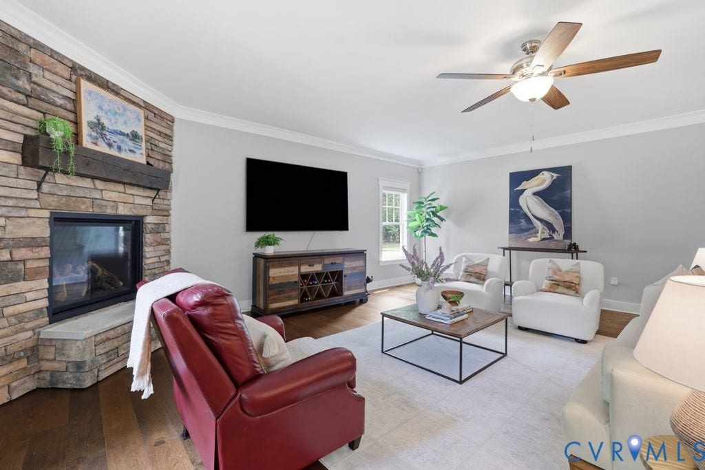 13114 Spring Road, Barr Brook Farms, Rockville, VA 23146 Corner stone fireplace with a substantial timber mantel