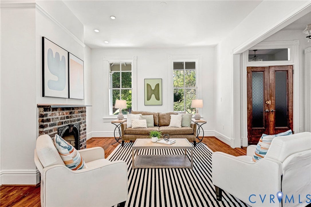 615 N 23rd Street, Church Hill Central, Richmond, VA 23223 Hardwood flooring, brick fireplace with mantel, recessed lighting, and white trim