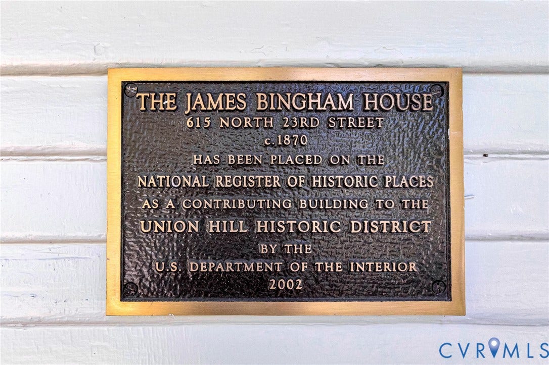 615 N 23rd Street, Church Hill Central, Richmond, VA 23223 Bronze historical marker on white painted siding