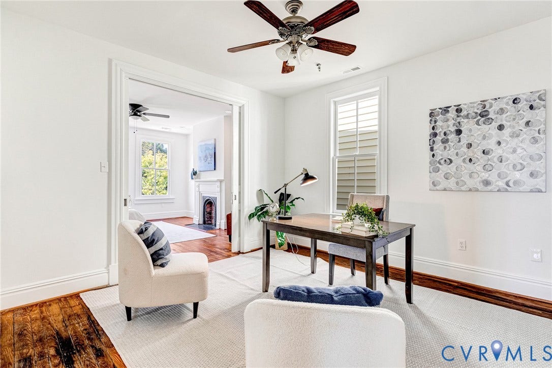 615 N 23rd Street, Church Hill Central, Richmond, VA 23223 Hardwood flooring, painted white walls, ceiling fan, and window with blinds