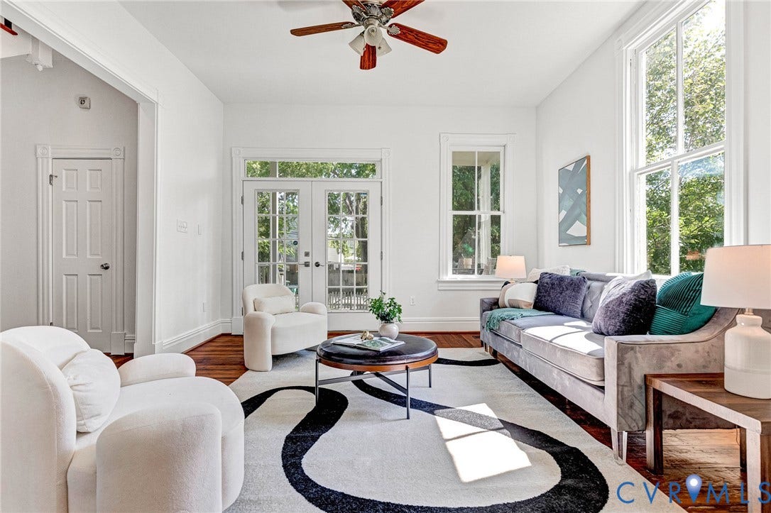 615 N 23rd Street, Church Hill Central, Richmond, VA 23223 Hardwood flooring, high ceilings, ceiling fan, and French doors leading to exterior
