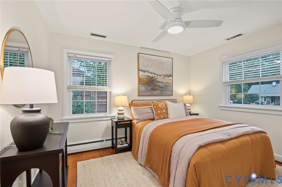 3353 Warner Road, Stratford Hills, Richmond, VA 23225 Hardwood flooring, two large windows with blinds, and a contemporary ceiling fan