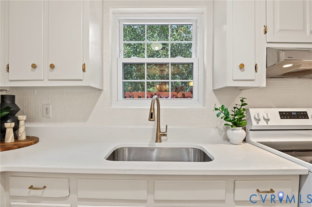 3353 Warner Road, Stratford Hills, Richmond, VA 23225 White cabinetry, stainless steel sink, gold-tone faucet, white countertops, and textured white backsplash