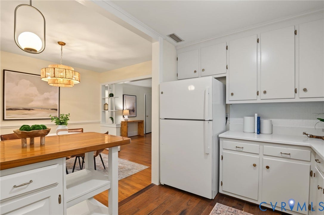3353 Warner Road, Stratford Hills, Richmond, VA 23225 White cabinetry and appliances in the kitchen, with wood-finish flooring
