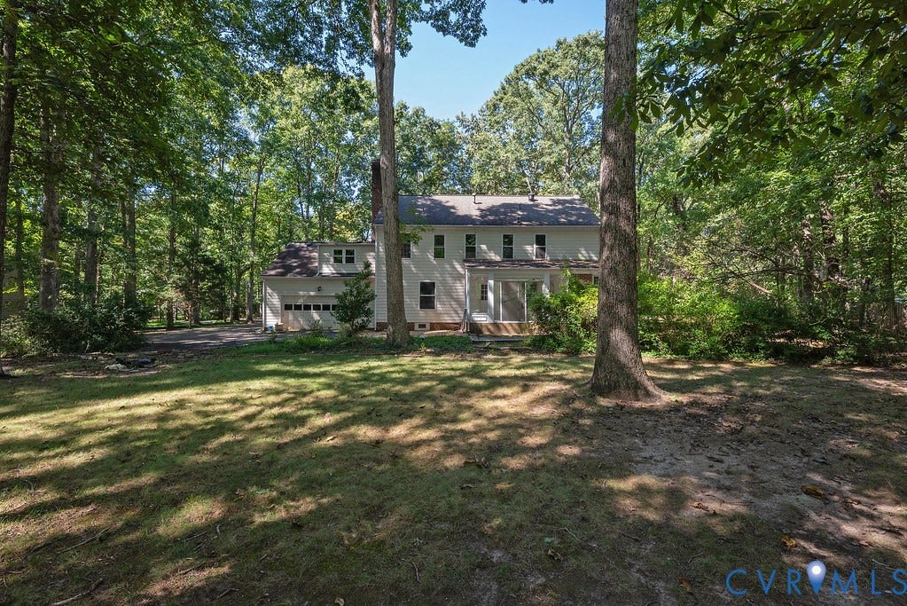 13830 Hailsham Circle, Salisbury, Midlothian, VA 23113 Expansive rear yard with mature trees, a two-story home, attached garage, and screened-in porch