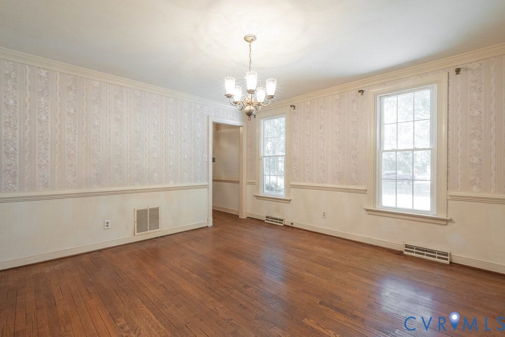 13830 Hailsham Circle, Salisbury, Midlothian, VA 23113 Hardwood flooring, decorative wallpaper, white trim, crown molding, and two double-hung windows