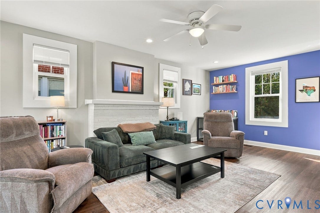 3504 Delaware Avenue, Richmond, VA 23222 Recessed lighting, ceiling fan, wood-finish flooring, white window trim, and a built-in mantel