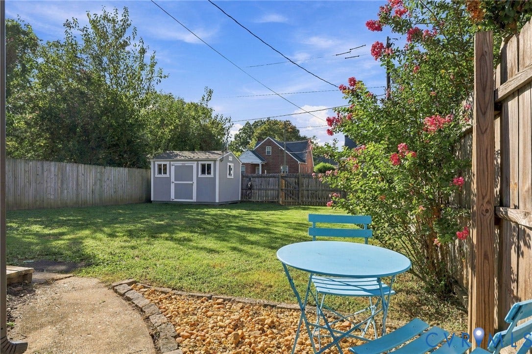 3504 Delaware Avenue, Richmond, VA 23222 Expansive backyard featuring a lush lawn, privacy fencing, a storage shed, and mature landscaping with flowering shrubs