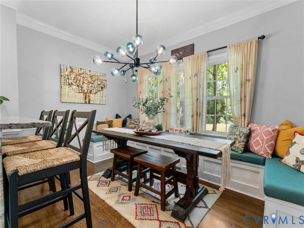 6017 Abington Park Drive, Wyndham, Glen Allen, VA 23059 Bar with seating and breakfast nook with built in banquette seating and farmhouse table that conveys