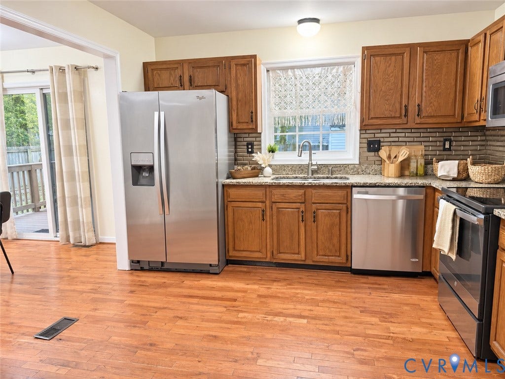 1307 Berrymeade Avenue, Henrico, VA 23060 Wood-finish flooring, stainless steel appliances, granite countertops, tile backsplash, and wood cabinetry