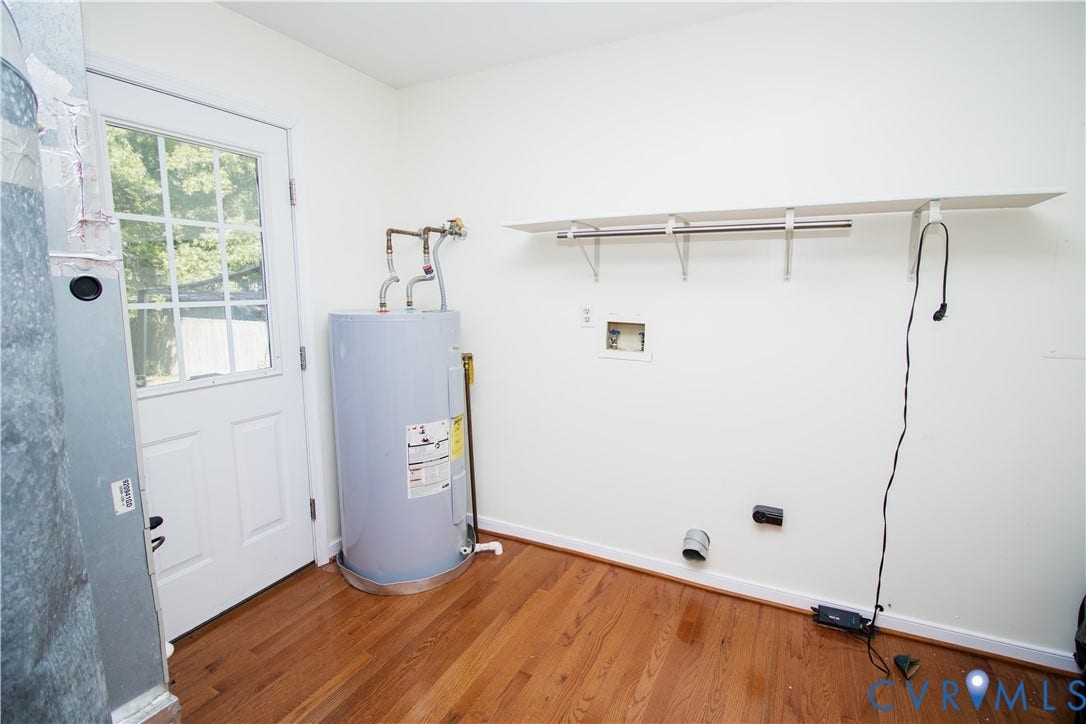 1307 Berrymeade Avenue, Henrico, VA 23060 Hardwood flooring, white painted walls, water heater, utility hookups, and a glass-paneled exterior door