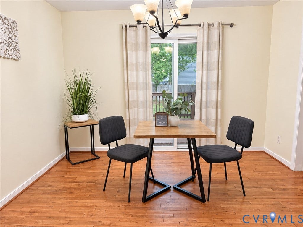 1307 Berrymeade Avenue, Henrico, VA 23060 Hardwood flooring, light-colored walls, sliding glass door, overhead chandelier, and full-length curtains