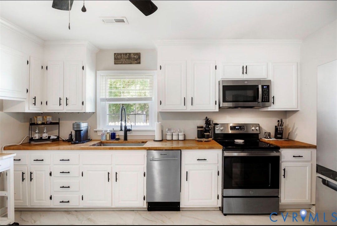 Kitchen featuring white cabinetry, butcher block countertops, stainless steel appliances, and wood-finish flooring