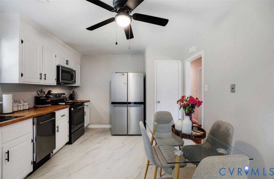 Kitchen featuring white cabinetry, wood-finish countertops, stainless steel appliances, and wood-finish flooring