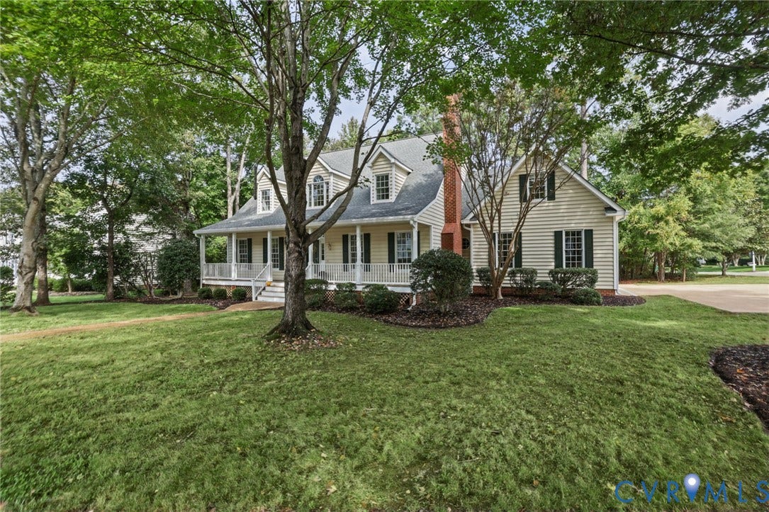3600 Rivermist Terrace, Midlothian, VA 23113 Shingle-style siding exterior with a covered porch, multiple dormer windows, and a brick chimney