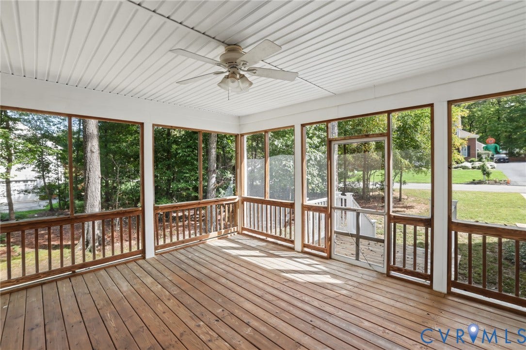 3600 Rivermist Terrace, Midlothian, VA 23113 Screened-in porch featuring a wood-finish floor, wood-framed screens, a white panel ceiling, and a ceiling fan