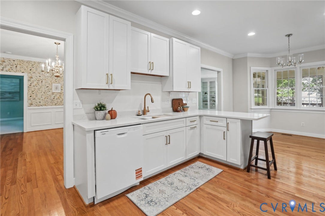 3600 Rivermist Terrace, Midlothian, VA 23113 Kitchen featuring white shaker cabinetry, light-toned countertops, a tile backsplash, wood-finish flooring, and a built-in dishwasher