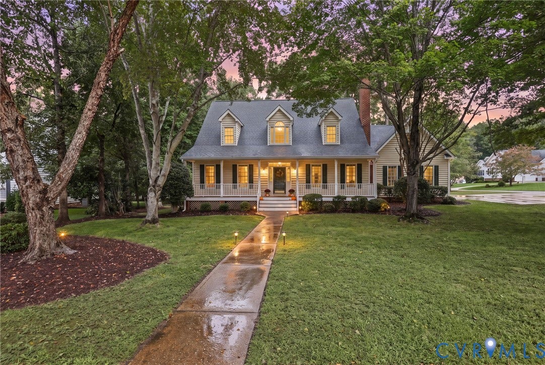3600 Rivermist Terrace, Midlothian, VA 23113 Traditional-style home featuring a covered front porch, dormer windows, and a brick chimney