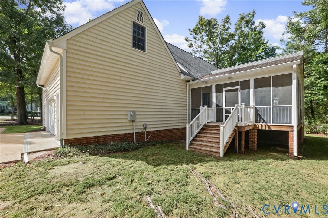 3600 Rivermist Terrace, Midlothian, VA 23113 Exterior featuring beige siding, brick foundation, a screened porch with white railings, and an attached two-car garage