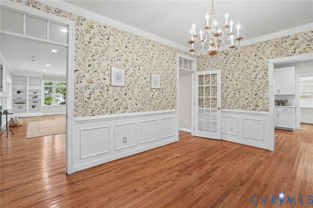 3600 Rivermist Terrace, Midlothian, VA 23113 Hardwood flooring, decorative wall paneling, patterned wallpaper, a multi-arm chandelier, and French doors
