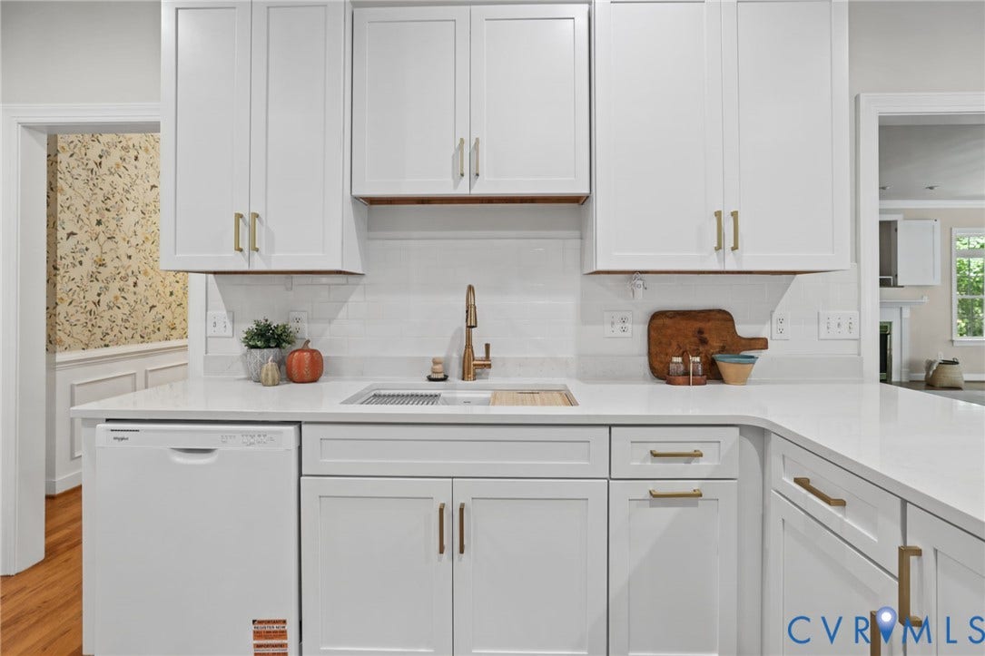 3600 Rivermist Terrace, Midlothian, VA 23113 White cabinetry with gold-tone hardware, white subway tile backsplash, integrated stainless steel sink, gold-tone faucet, and white countertops