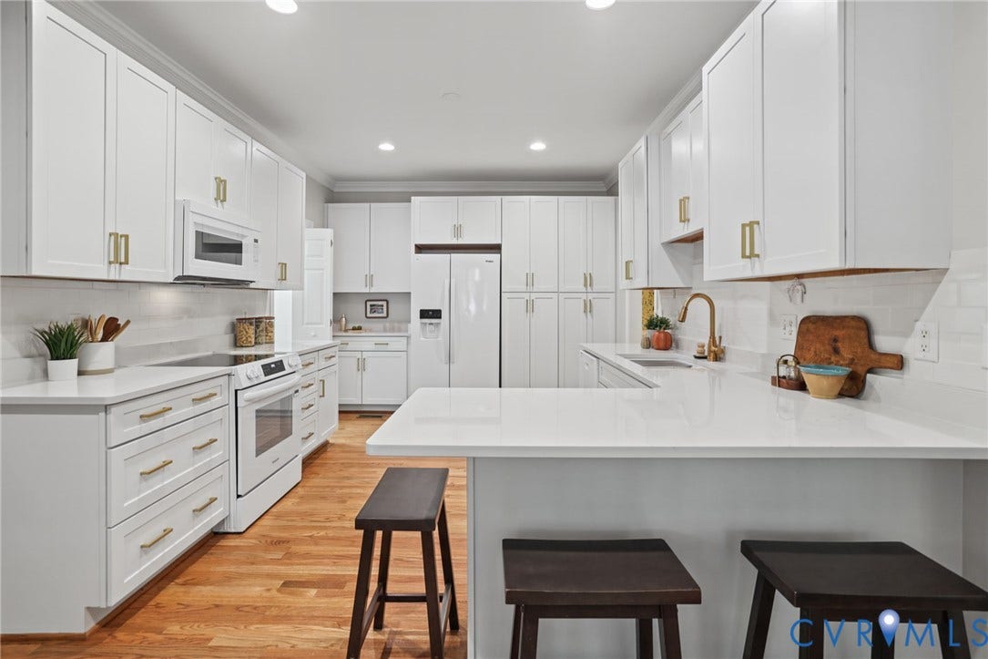3600 Rivermist Terrace, Midlothian, VA 23113 White shaker-style cabinetry with gold-finish hardware, light-toned countertops, subway tile backsplash, and wood-finish flooring