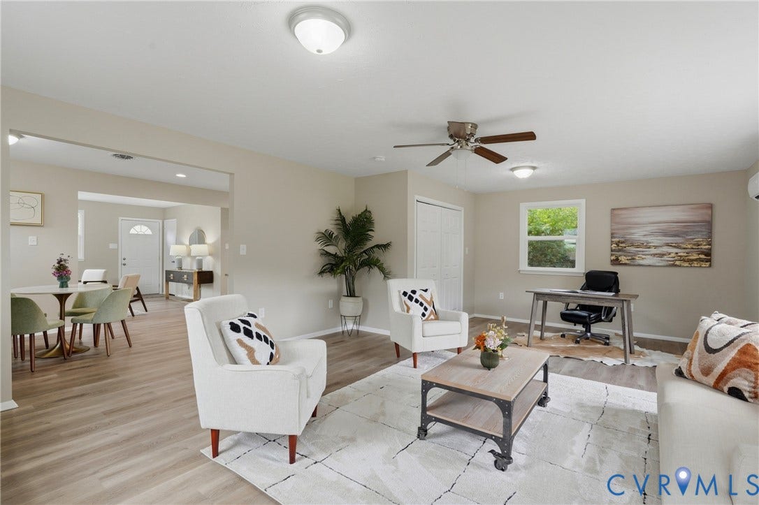 1814 Aeronca Avenue, Henrico, VA 23228 Spacious living area featuring wood-finish flooring, neutral wall tones, a ceiling fan, and recessed lighting