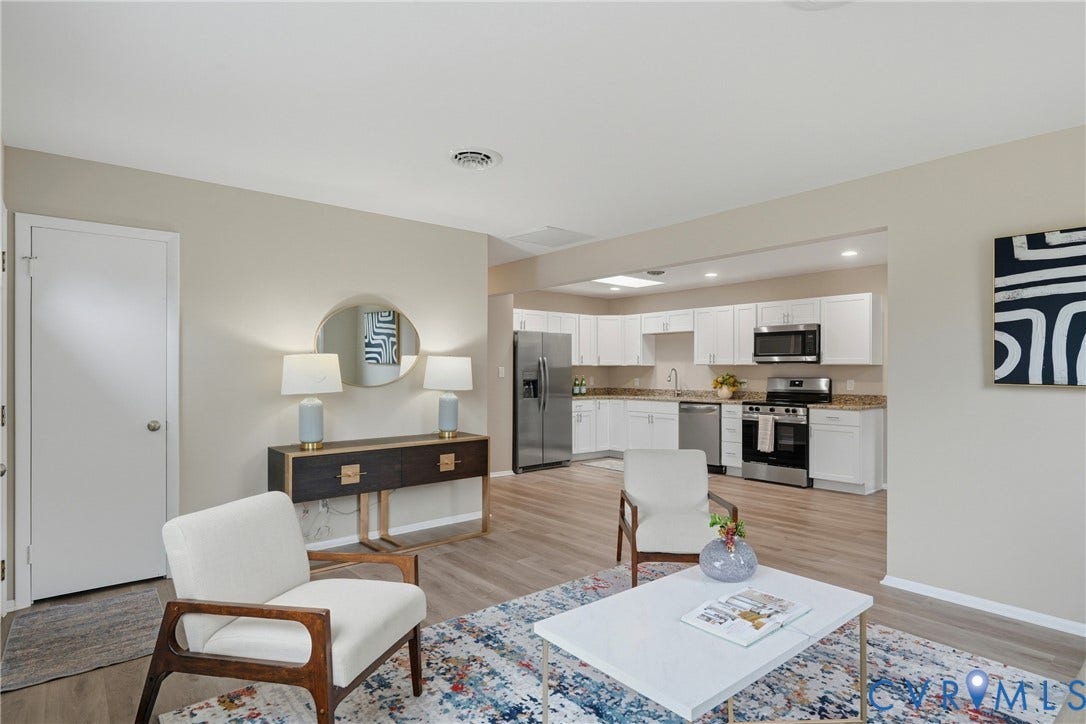 1814 Aeronca Avenue, Henrico, VA 23228 Open-concept living space with wood-finish flooring, recessed lighting, and a white kitchen featuring stainless steel appliances and light-toned countertops