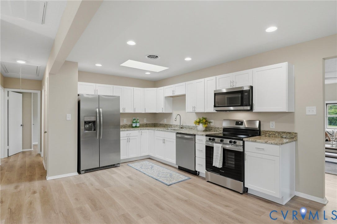 1814 Aeronca Avenue, Henrico, VA 23228 Kitchen featuring white cabinetry, stainless steel appliances, speckled stone countertops, and wood-finish flooring