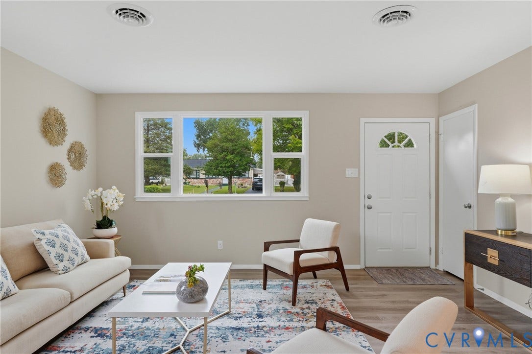 1814 Aeronca Avenue, Henrico, VA 23228 Wood-finish flooring throughout, multiple pane window, white entry door with decorative glass, and recessed ceiling vents