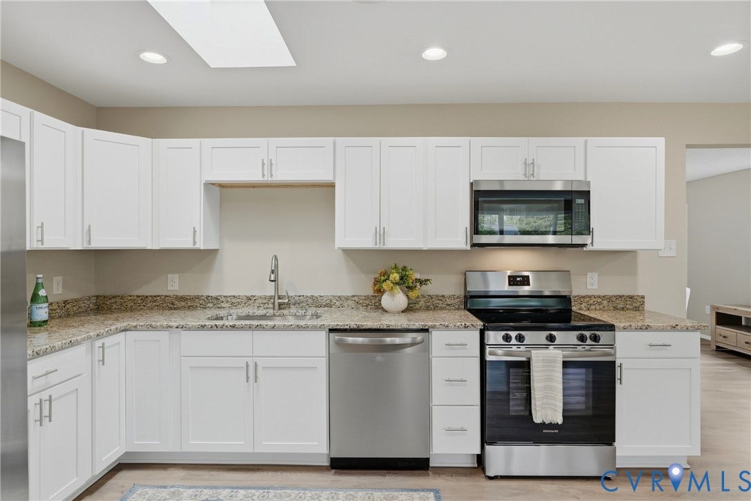 1814 Aeronca Avenue, Henrico, VA 23228 White shaker-style cabinetry with stainless steel hardware, granite countertops, and a full suite of stainless steel appliances
