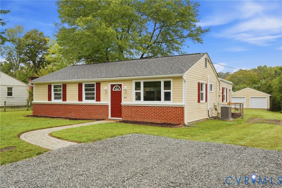 1814 Aeronca Avenue, Henrico, VA 23228 Light yellow siding with red brick accent, red shutters, and a red entry door