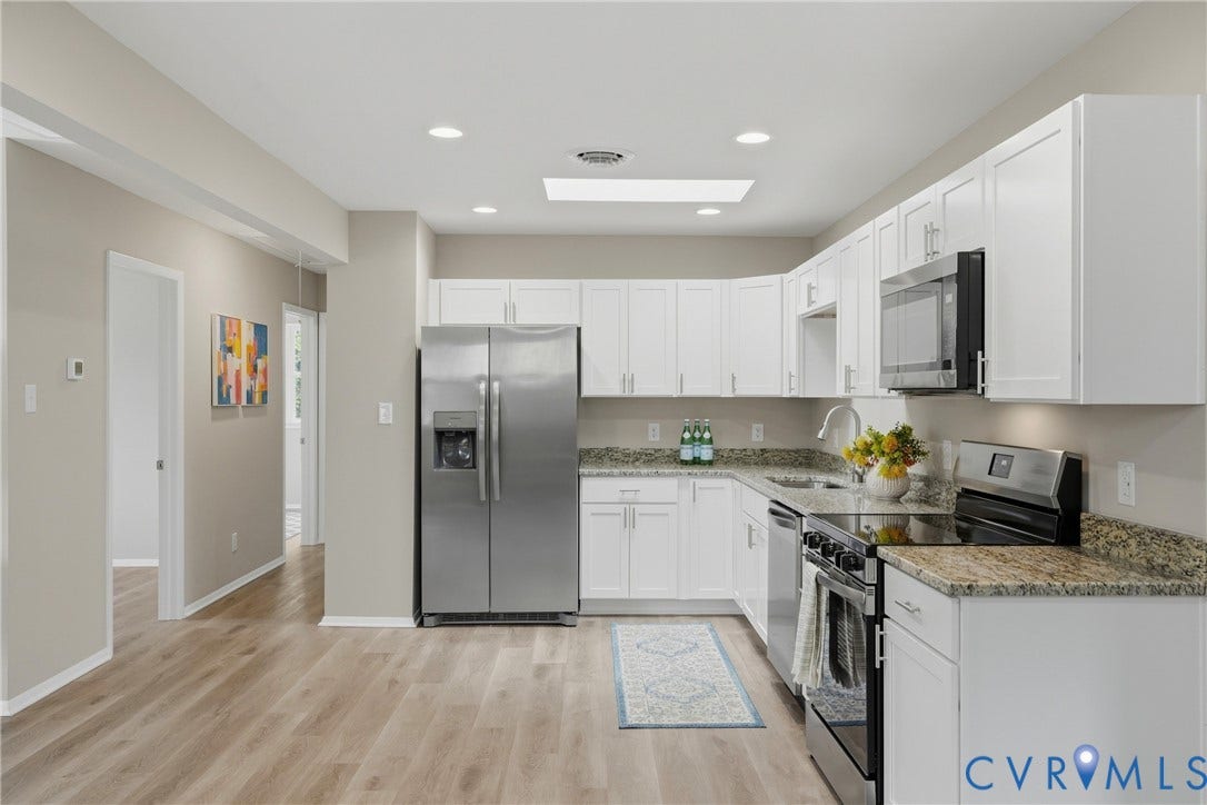 1814 Aeronca Avenue, Henrico, VA 23228 Kitchen featuring white cabinetry, stainless steel appliances, granite countertops, wood-finish flooring, and recessed lighting