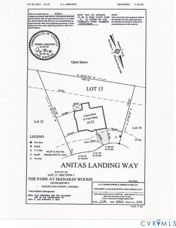 132 Anitas Landing Way, The Parke At Manakin Woods, Manakin Sabot, VA 23103 Land Survey Plat. Illustrating the boundaries, existing structures, and flood zone status of the property