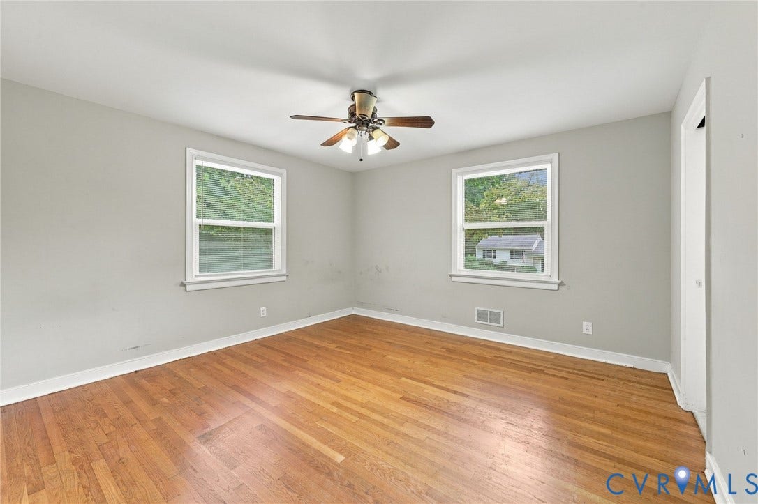 3238 E Weyburn Road, Bon Air, Richmond, VA 23235 Hardwood flooring, painted walls, overhead fan with integrated lighting, and white trim throughout