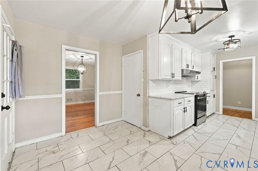 3238 E Weyburn Road, Bon Air, Richmond, VA 23235 Kitchen featuring white shaker-style cabinetry, subway tile backsplash, white countertops, and a modern range