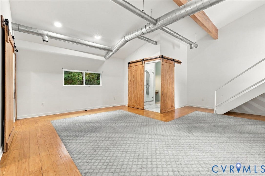 5824 Riverside Drive, Richmond, VA 23225 Vaulted ceiling with exposed ductwork and wood beams, recessed lighting, and wood-finish flooring