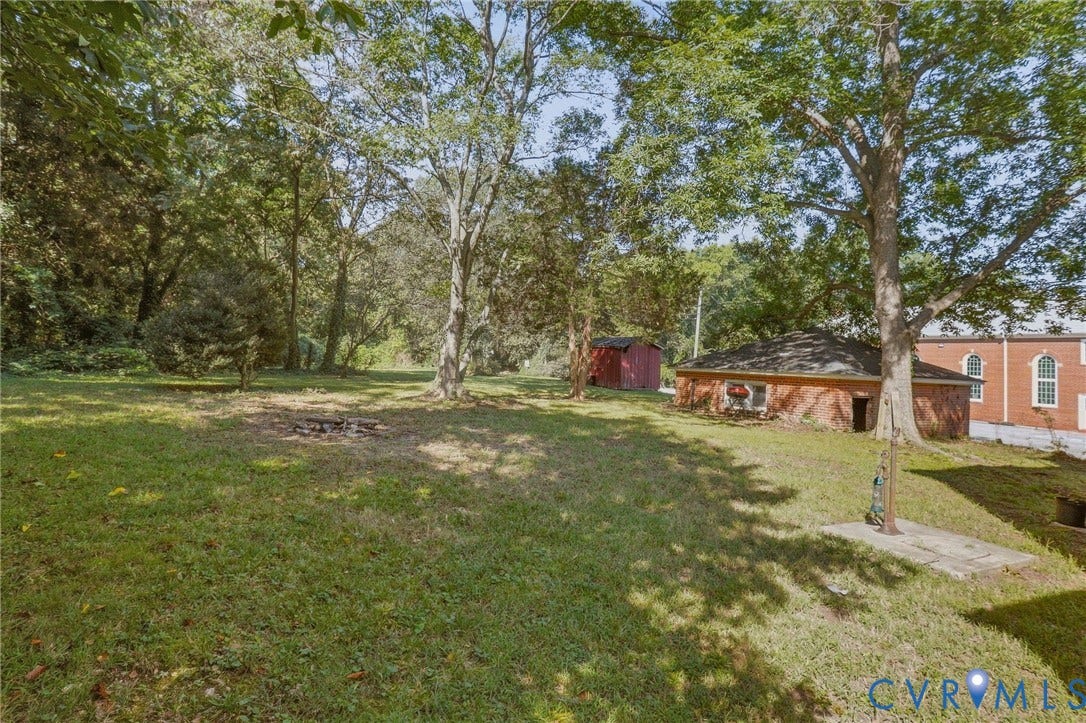 216 W Roanoke Street, Richmond, VA 23225 Expansive green space featuring a fire pit, mature trees, a red brick outbuilding, and a separate red shed
