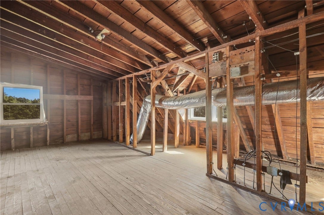 216 W Roanoke Street, Richmond, VA 23225 Exposed wooden ceiling rafters, exposed wood wall framing, wood-finish flooring, two windows, and exposed ductwork