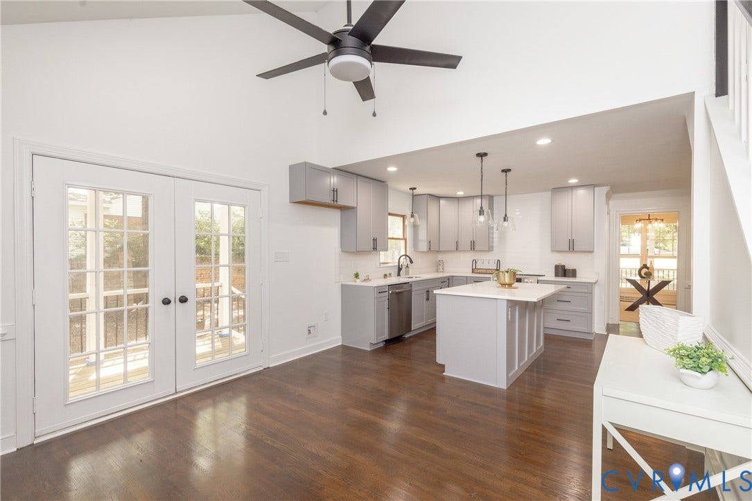 10541 Glencoe Road, Henrico, VA 23060 Vaulted ceilings, wood-finish flooring, French doors, modern kitchen cabinetry, and recessed lighting