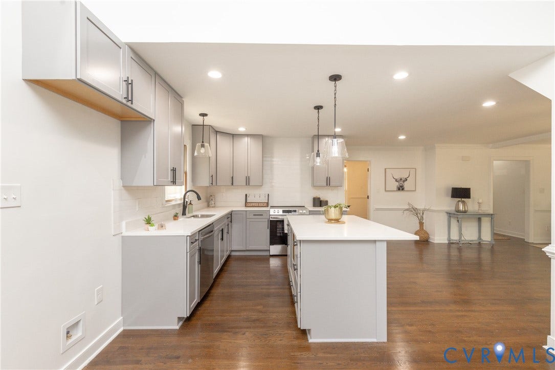 10541 Glencoe Road, Henrico, VA 23060 Galley kitchen featuring light gray cabinetry, white countertops, stainless steel appliances, wood-finish flooring, and recessed lighting