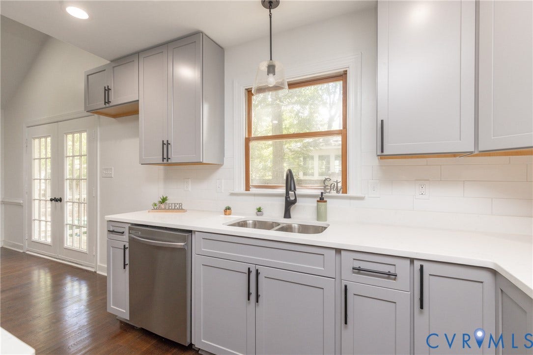 10541 Glencoe Road, Henrico, VA 23060 Light gray cabinetry with matte black hardware, white countertops, stainless steel dishwasher, and a double basin sink with a black pull-down faucet
