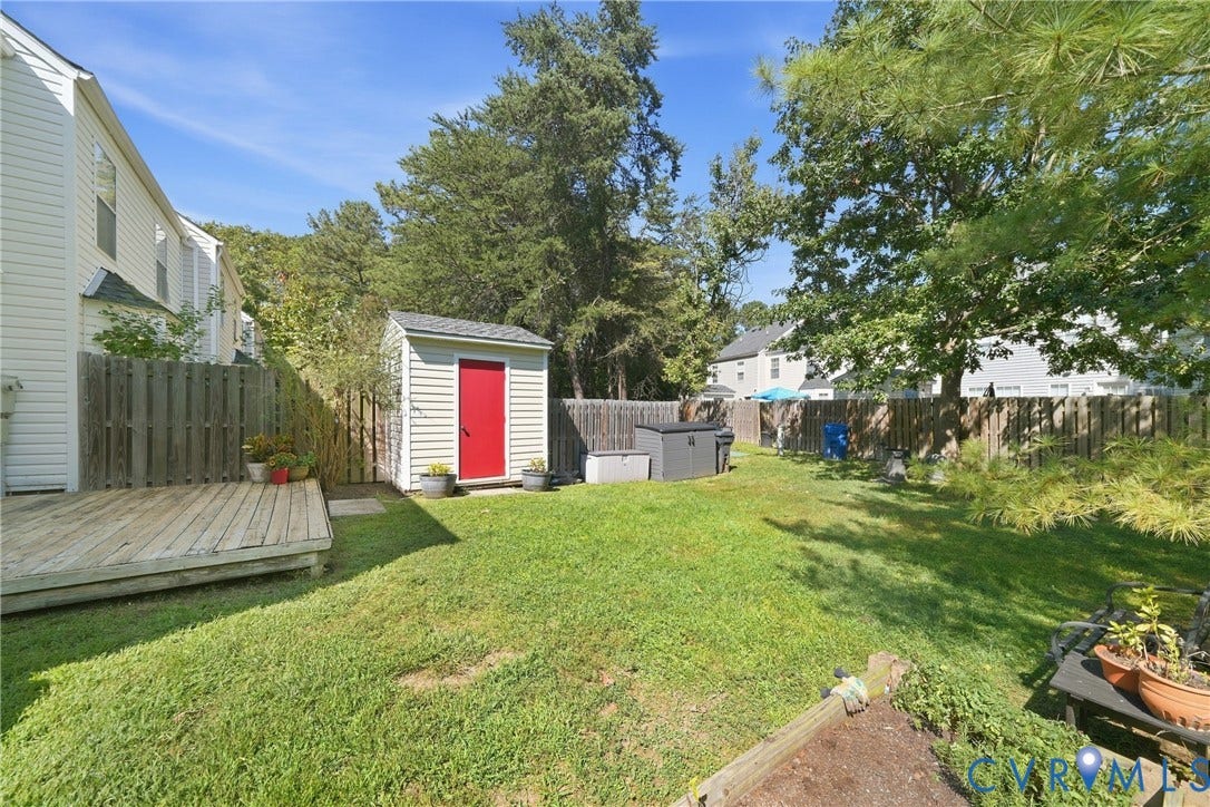 1852 Timberly Waye, Henrico, VA 23238 Expansive fenced yard featuring a wood deck, storage shed with red door, and mature trees