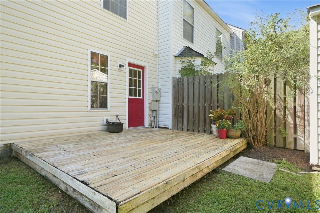 1852 Timberly Waye, Henrico, VA 23238 Expansive outdoor deck with wood fencing and a red door entry, surrounded by a grass lawn